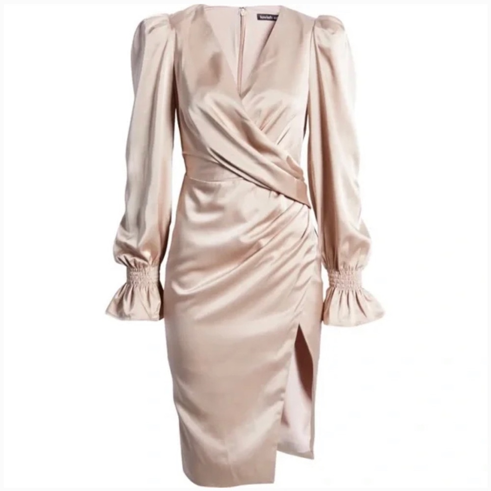 LAVISH ALICE BALLOON LONG SLEEVE SATIN FAUX WRAP DRESS